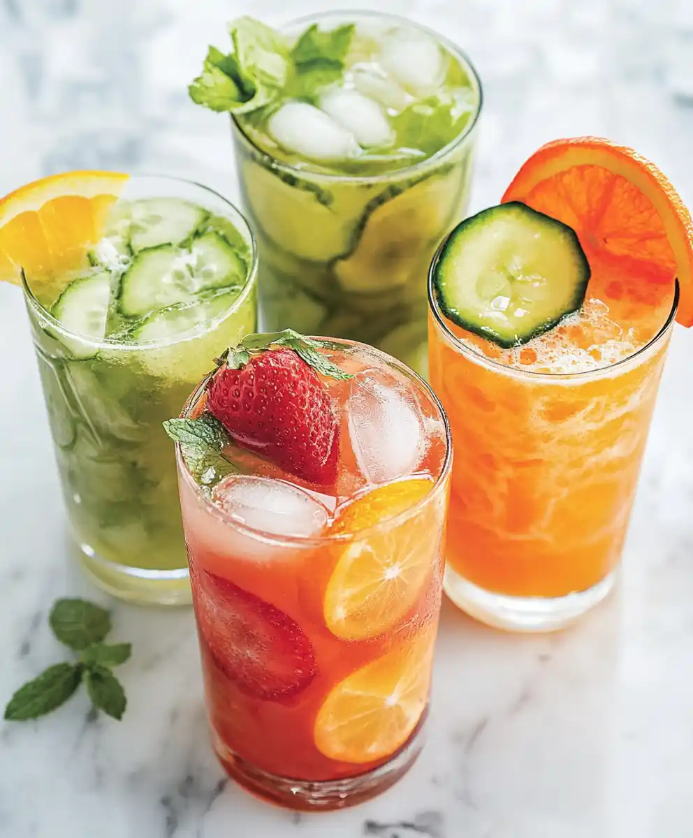 Four colorful non-alcoholic mocktails with citrus, cucumber, strawberry, and mint—served over ice for a refreshing, healthy drink option.