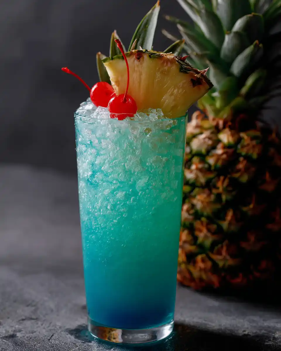 Blue Hawaii mocktail served in a tall glass with pineapple and cherry