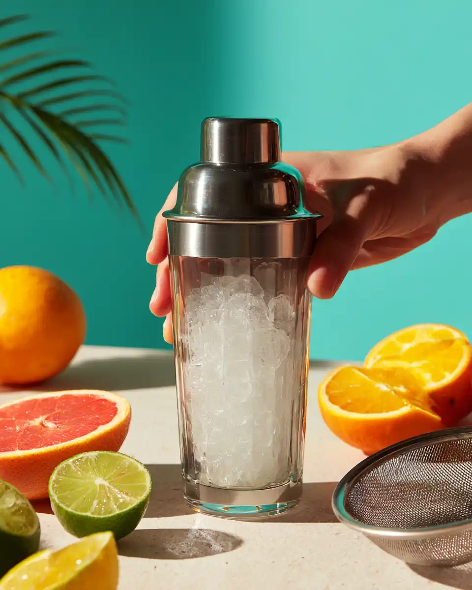 Shaking the Blue Hawaii mocktail over ice in a cocktail shaker