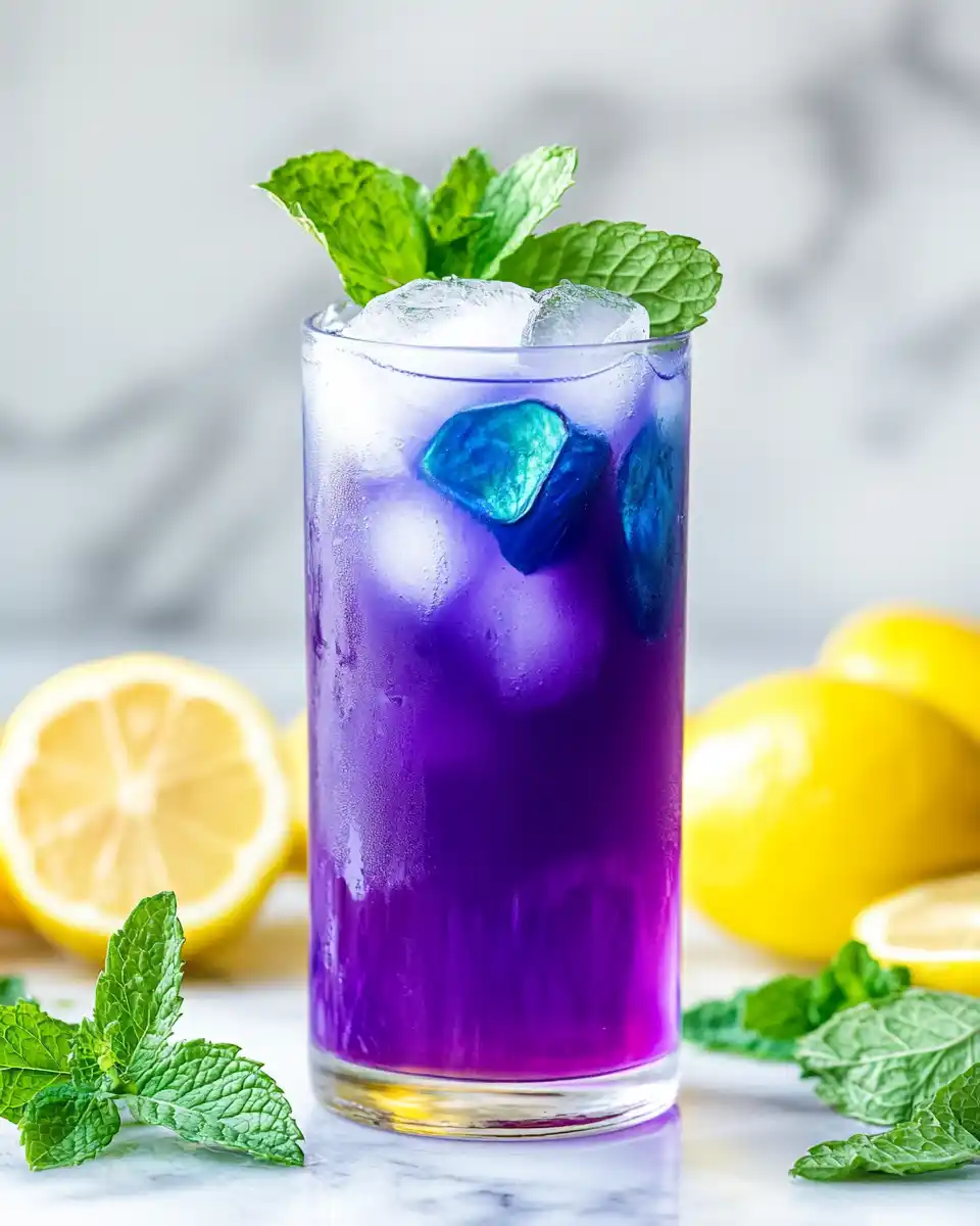 butterfly pea lemonade with lemon and mint