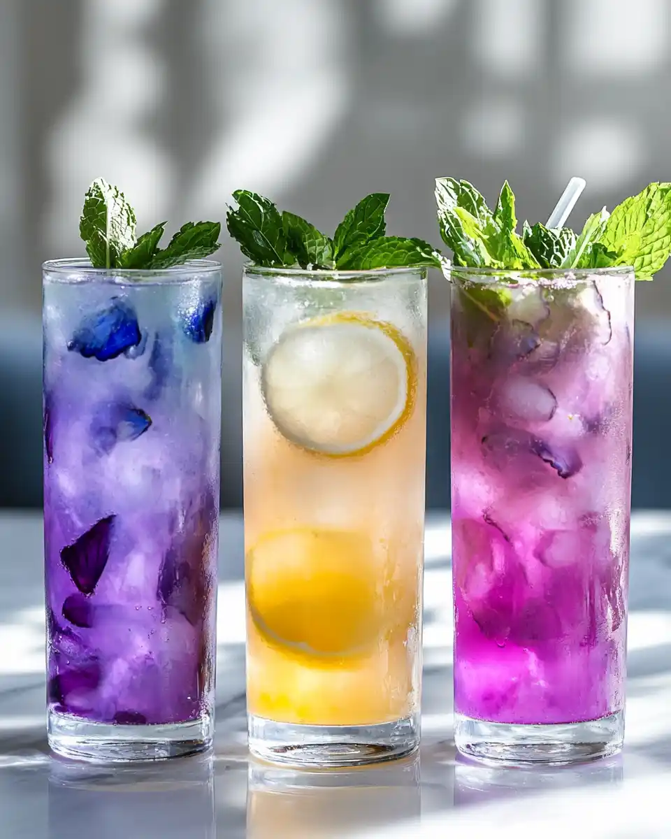 butterfly pea lemonade variations in glasses