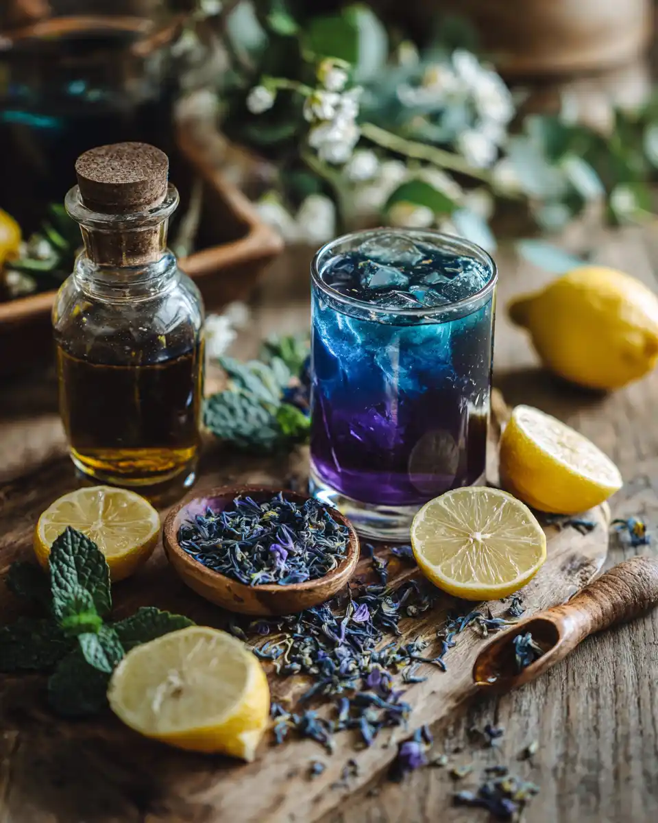 Galaxy mocktail ingredients: butterfly pea flower tea, lemon, mint, and syrup