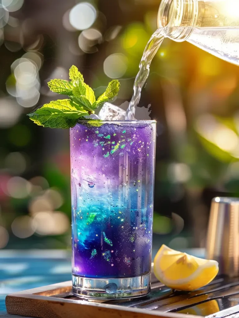 layering butterfly pea tea over lemonade for galaxy mocktail