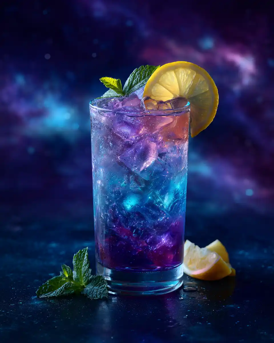 Galaxy Mocktail with lemon and mint, layered purple and blue drink