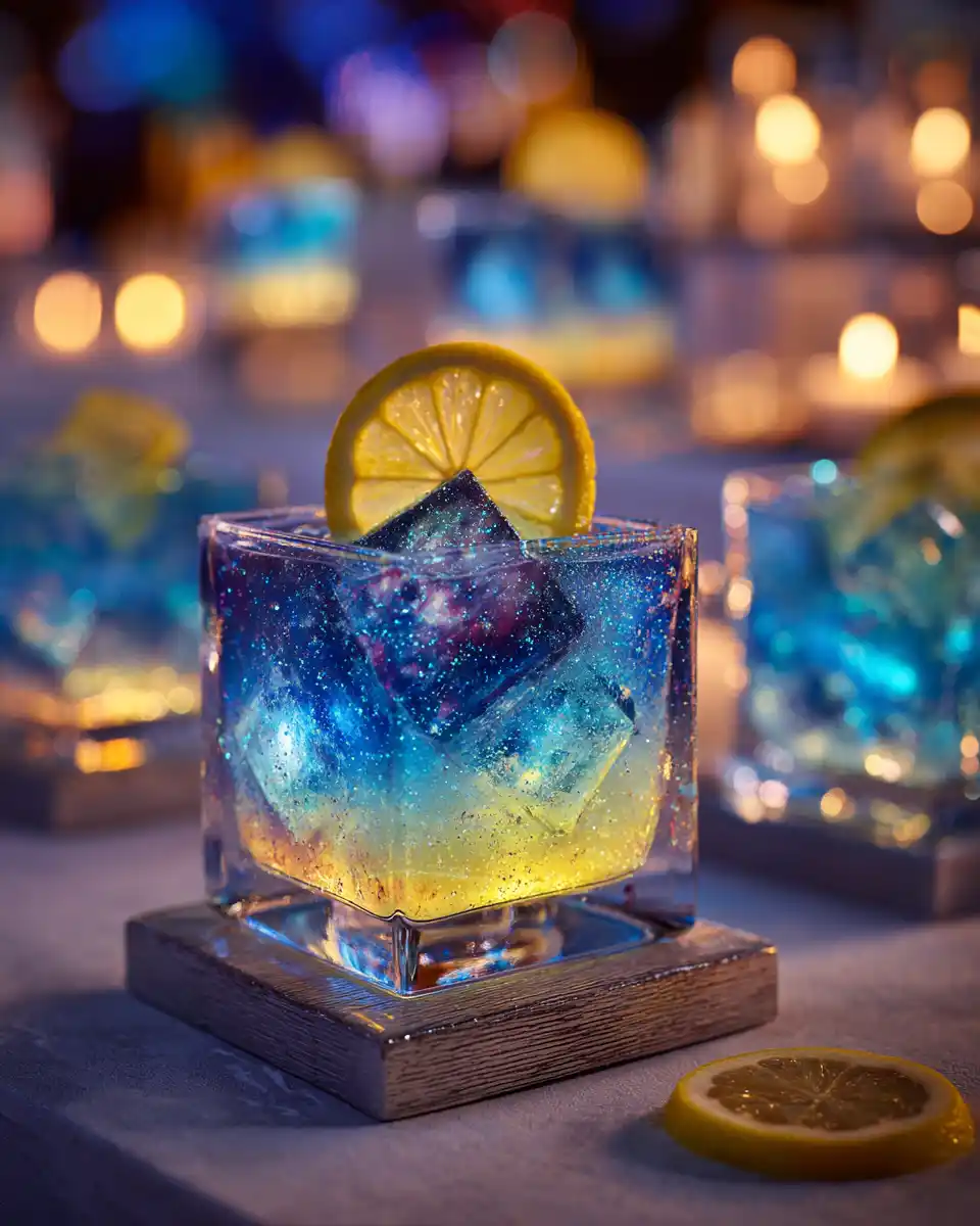 Galaxy mocktail served in a glowing glass with lemon slice and glitter ice cubes