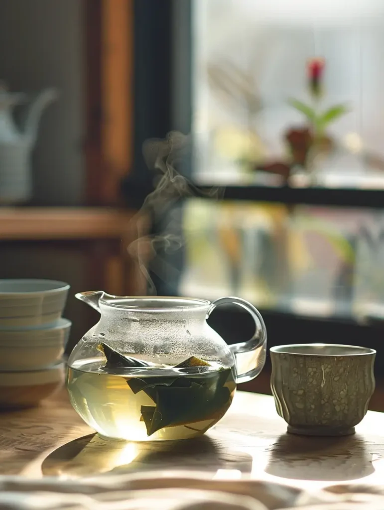 kombu infusing in hot water for Japanese Mounjaro recipe tea