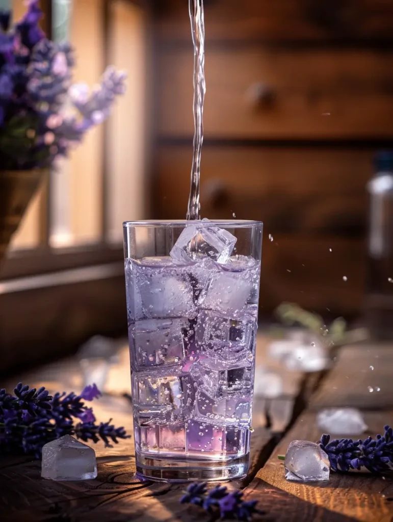adding lavender syrup over ice for lavender matcha latte recipe