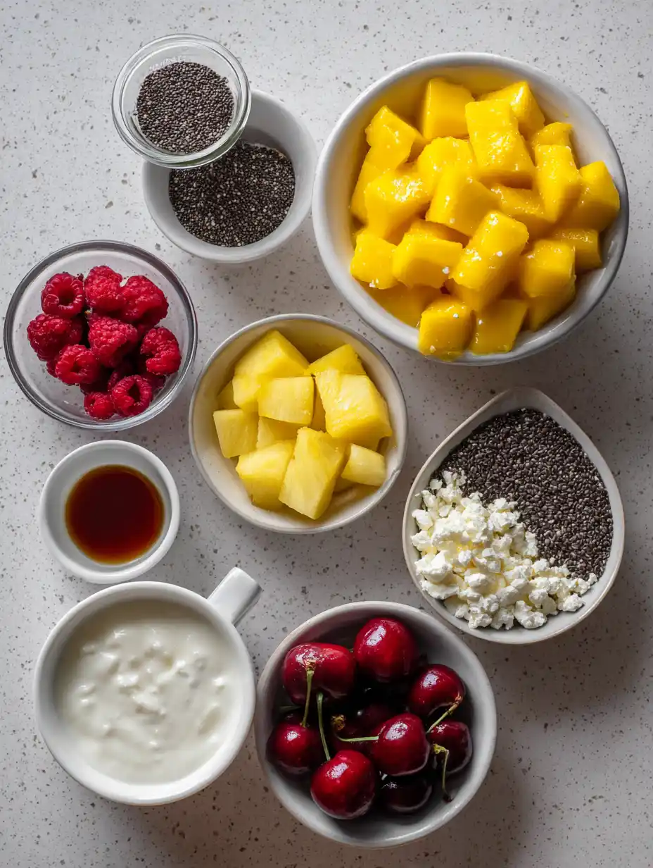Ingredients for mango chia seed pudding with yogurt