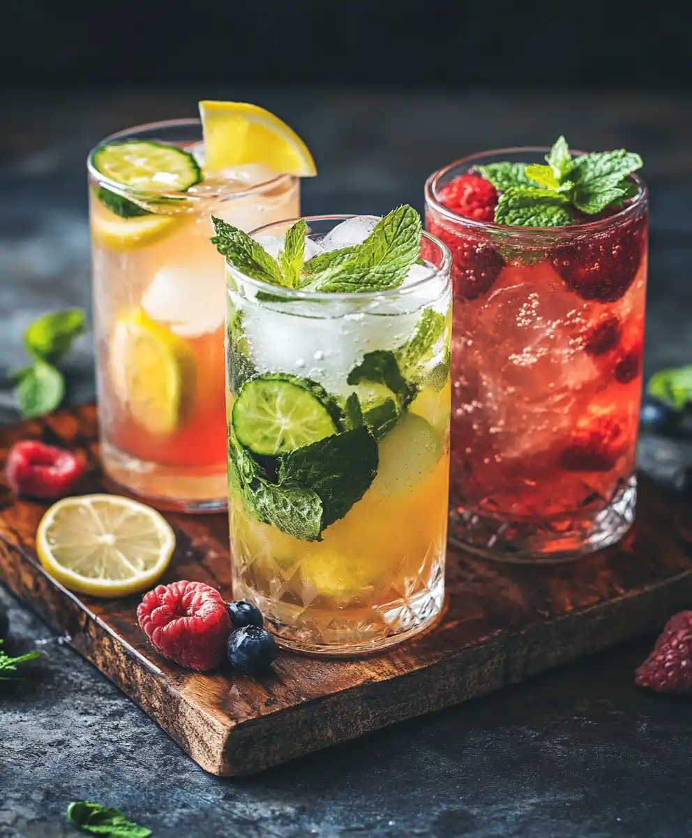 Three vibrant non-alcoholic mocktails with mint, berries, lemon, and cucumber—served in tall glasses on a wooden tray, perfect for celebrations.