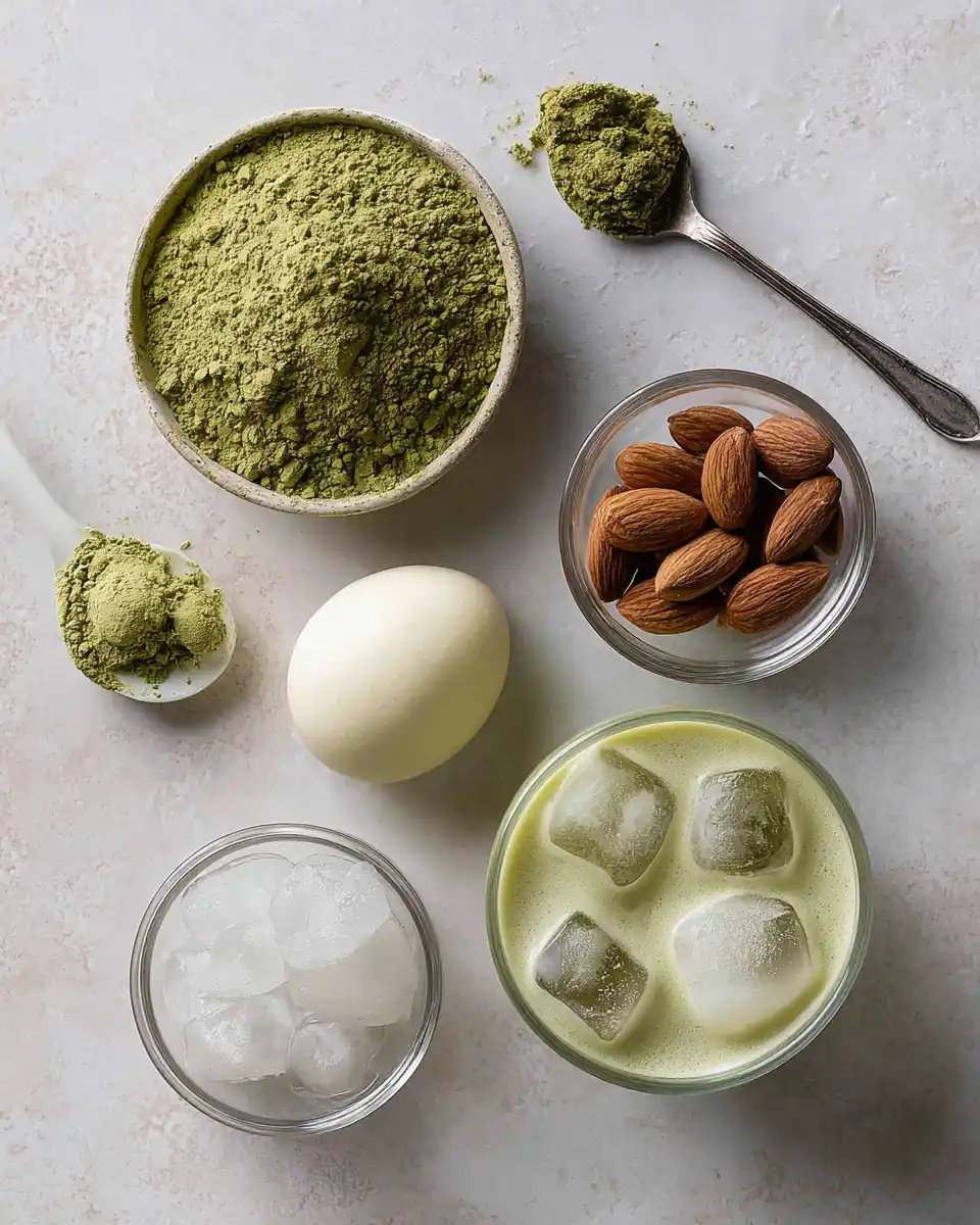 Ingredients for protein matcha latte including matcha powder, egg, almonds, ice cubes, and almond milk