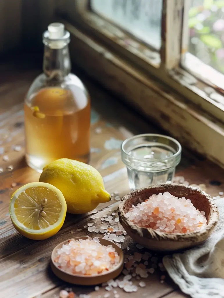 ingredients for 4 ingredient pink salt recipe for weight loss with lemon vinegar and himalayan salt