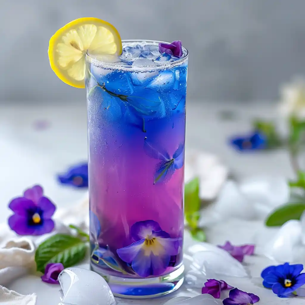 Vibrant butterfly pea lemonade with a purple-to-blue color gradient and lemon garnish.