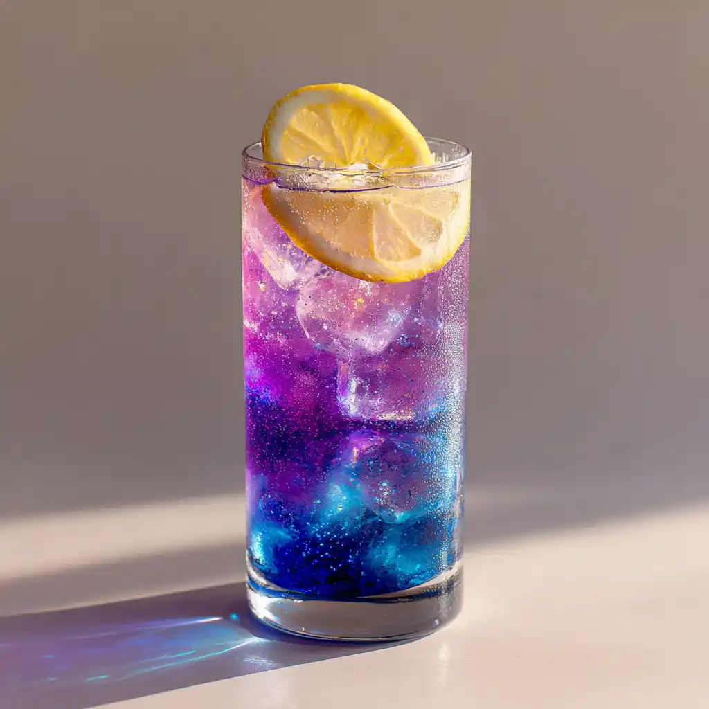 Color-changing galaxy mocktail in a tall glass with butterfly pea tea and citrus.