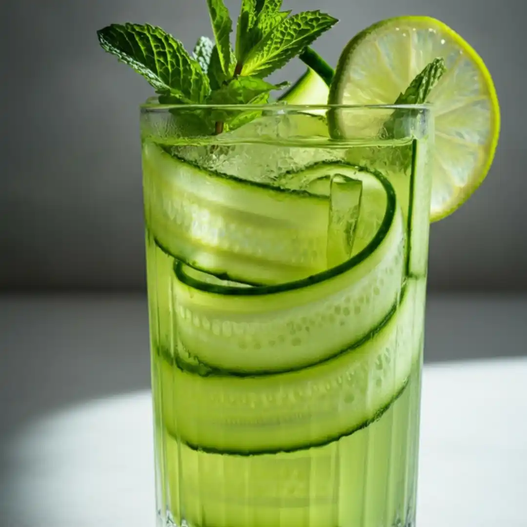 Bright green detox mocktail with cucumber, mint, and lime in a tall glass.