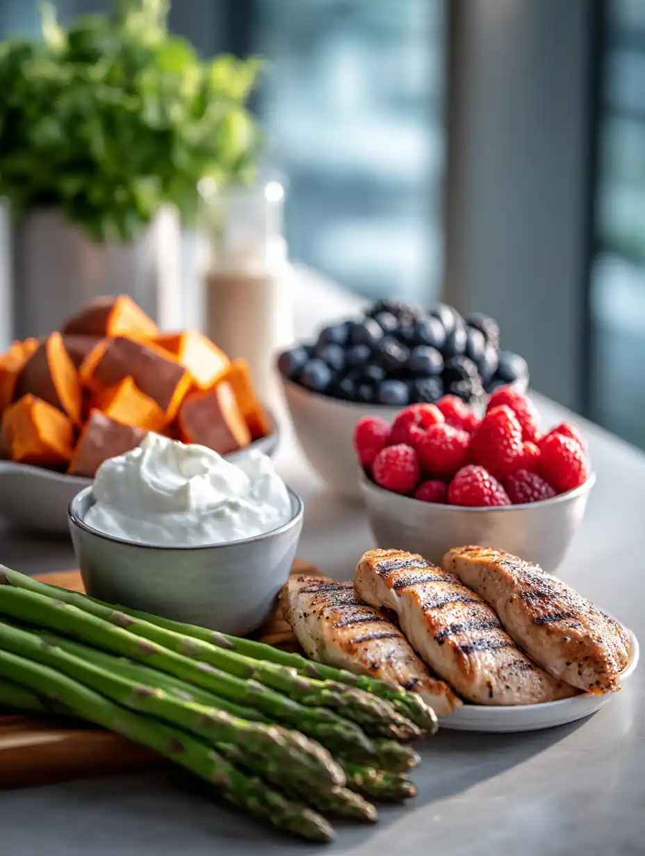 Ingredients used in simple recipes for Wegovy diet on a clean kitchen counter