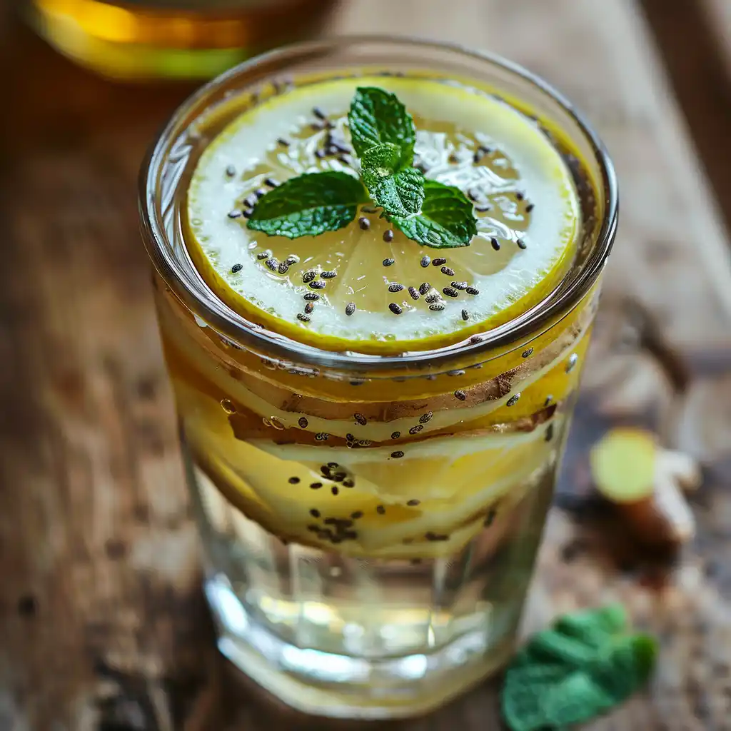 Glass of lemon ginger Zepbound drink with chia seeds and fresh mint on top.