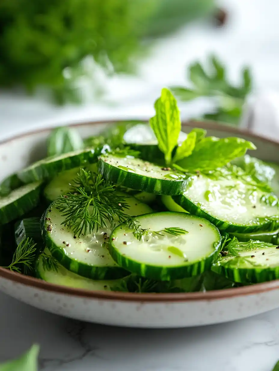Zepbound-friendly cucumber salad with fresh dill and mint in a ceramic bowl