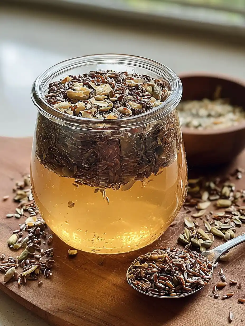 Bariatric seed tea recipe with cumin, fennel, ajwain, and flax seeds shown in a glass jar on a wooden board