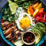 Overhead photo of the best recipes jalbiteworldfood in a vibrant fusion rice bowl