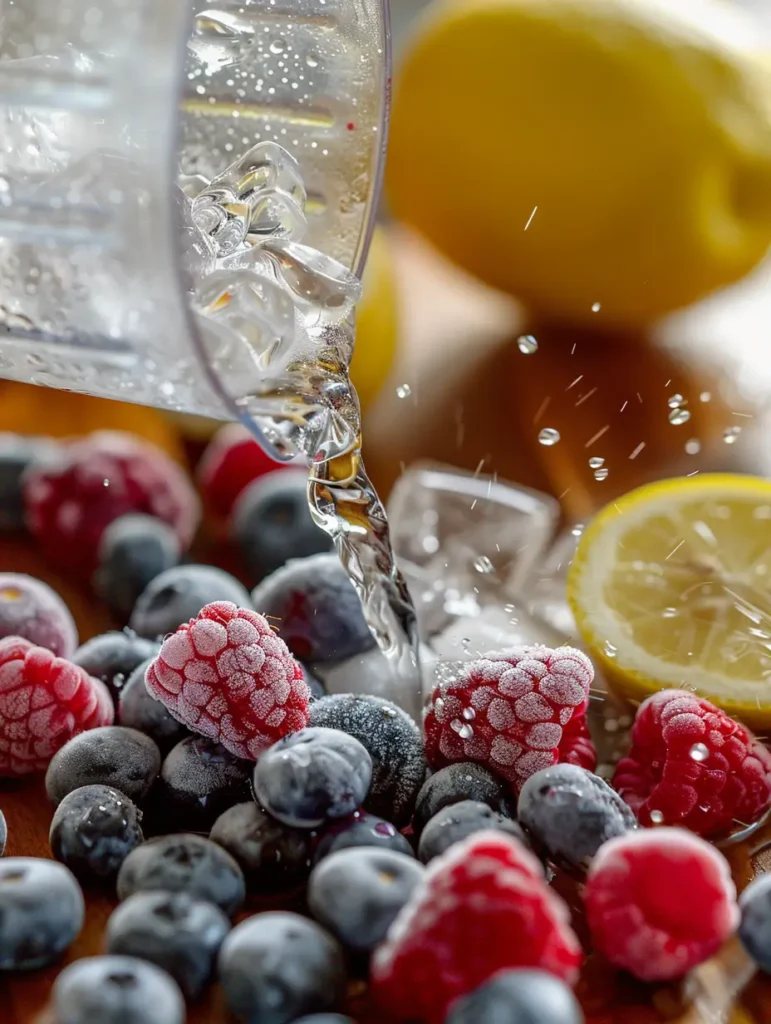 adding blueberries raspberries and lemon to blender for blended electric berry lemonade