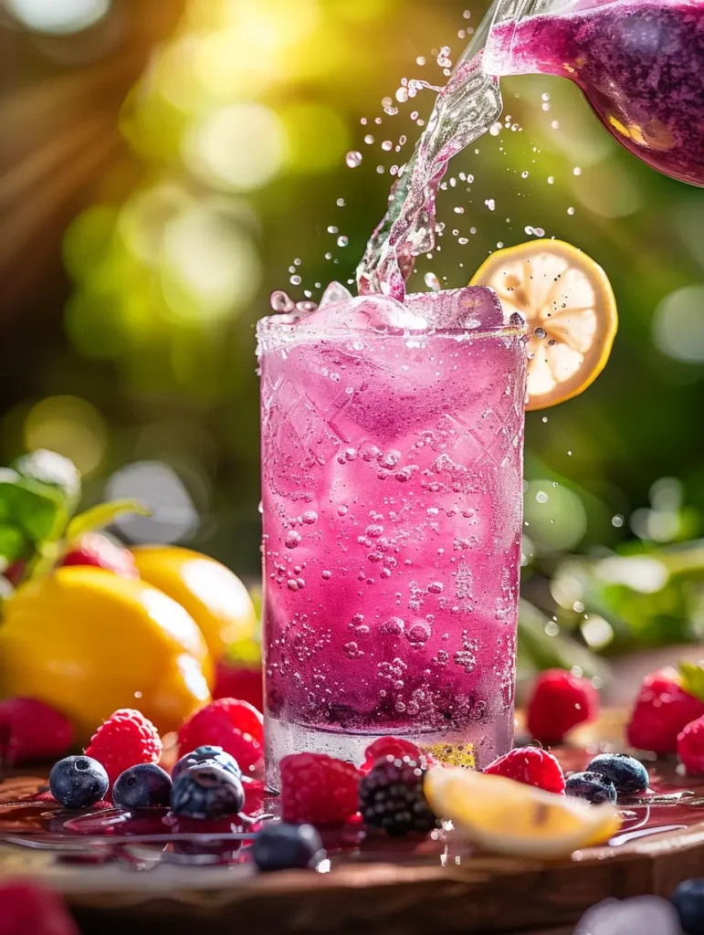 pouring blended electric berry lemonade into glass with lemon garnish