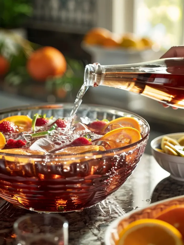 pouring sparkling soda into party punch mocktail with fruit garnish