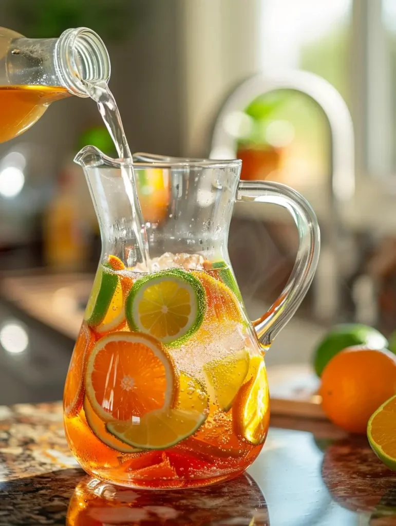 adding sparkling water to fizzy fruit punch mocktail pitcher