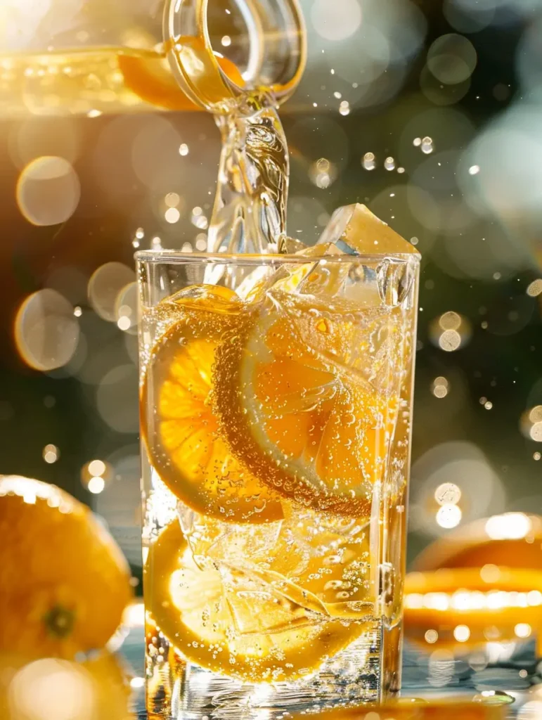 pouring sparkling water into ginger citrus mocktail