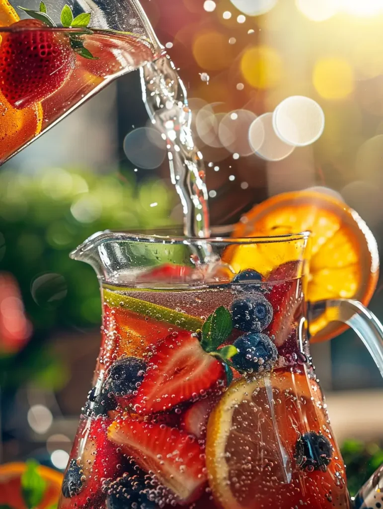 adding sparkling water to non alcoholic sangria mocktail pitcher