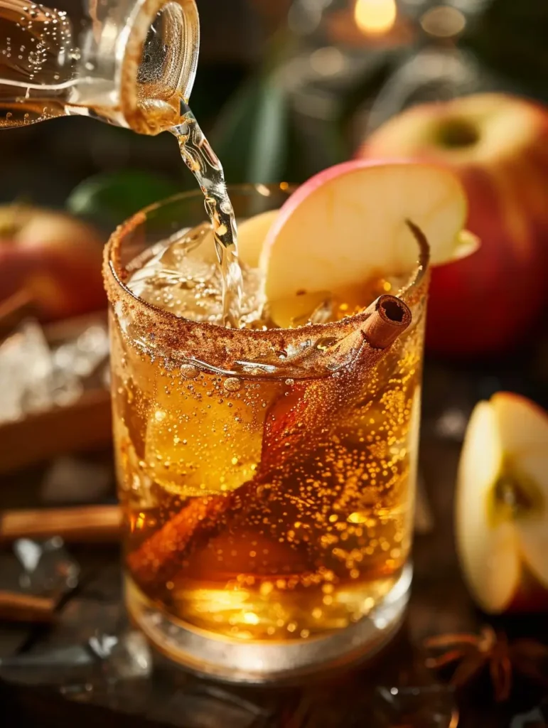 adding sparkling water to spiced apple cider mocktail