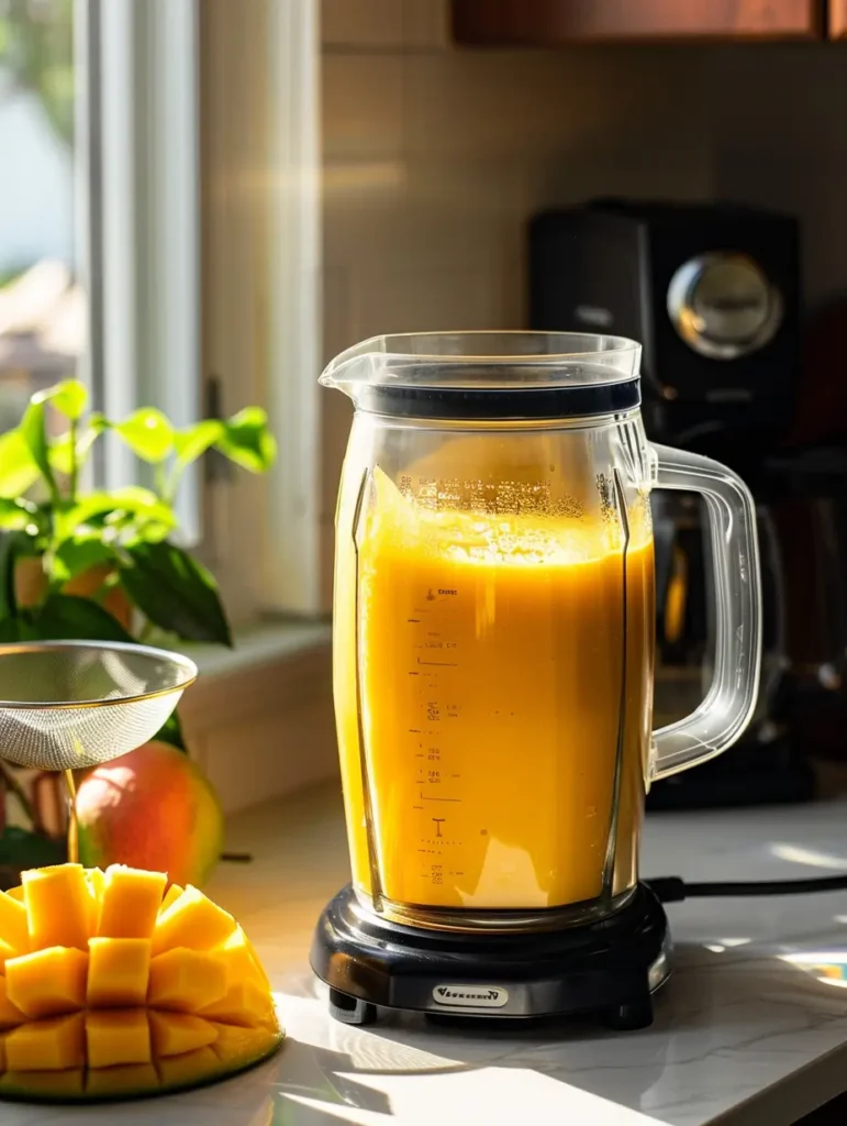 Blending mango for mango agua fresca in a kitchen blender