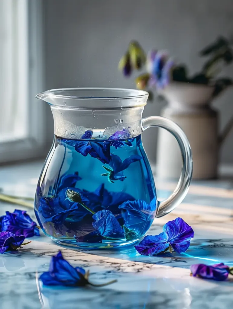 butterfly pea flower tea steeping for butterfly pea flower lemonade