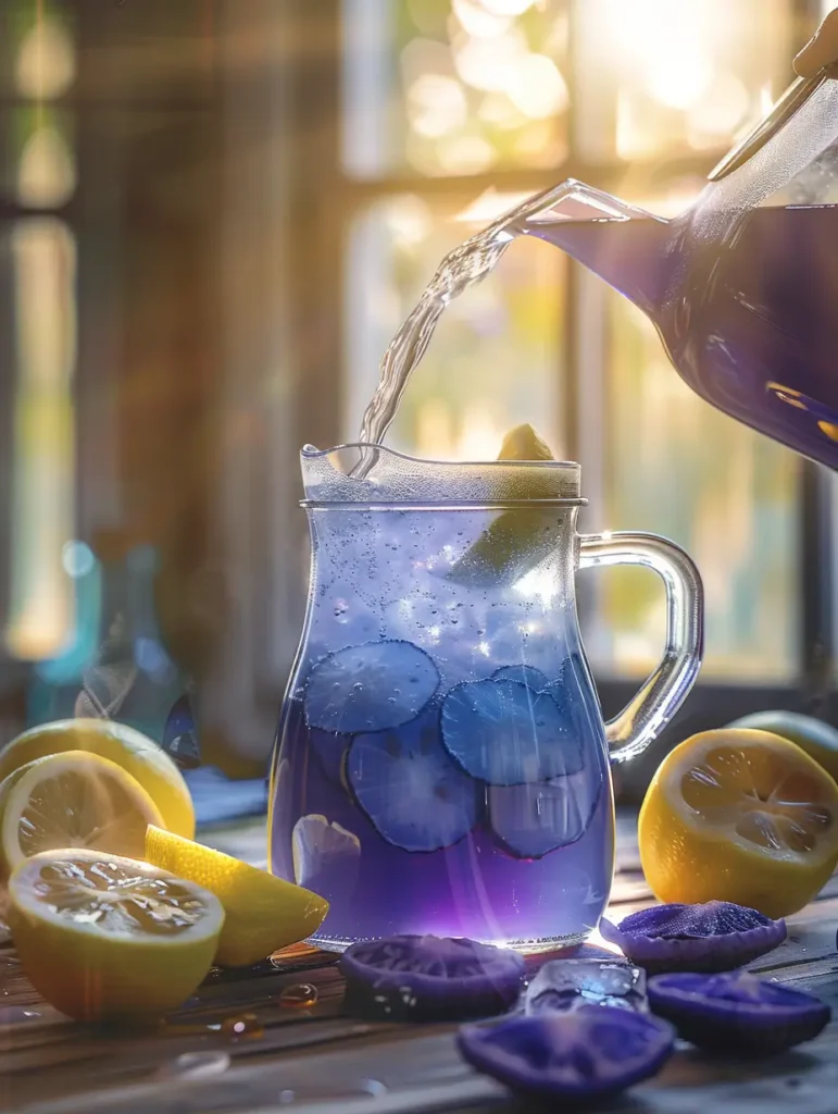 lemon juice turning butterfly pea flower lemonade from blue to purple