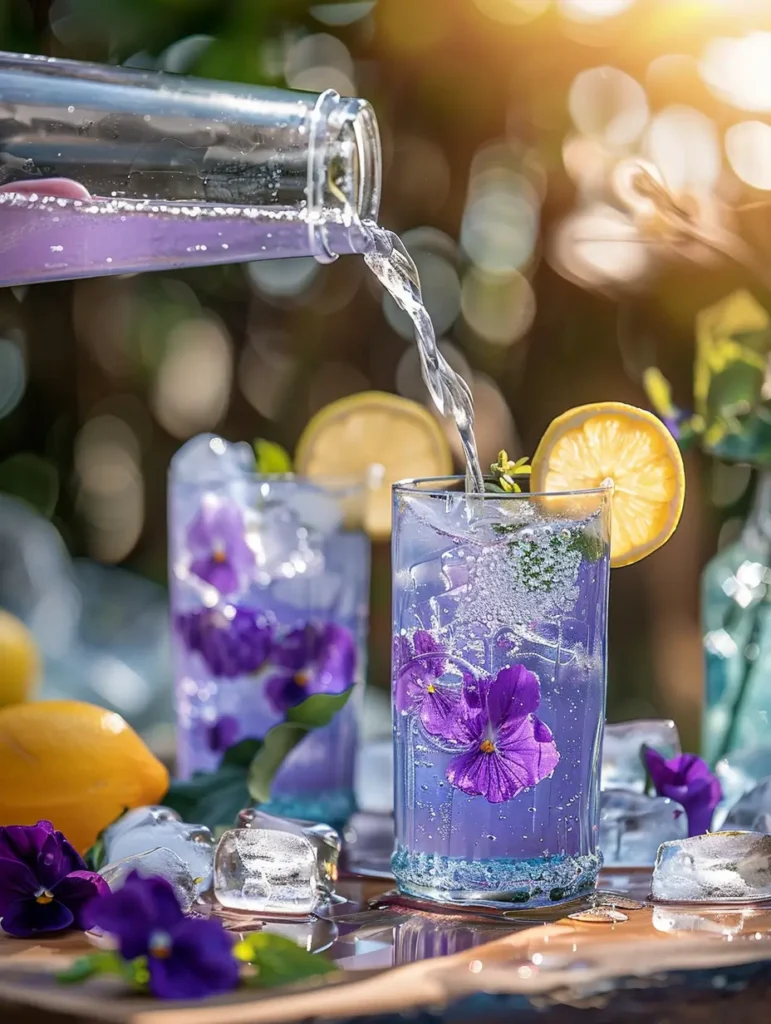 pouring butterfly pea flower lemonade into glass with ice
