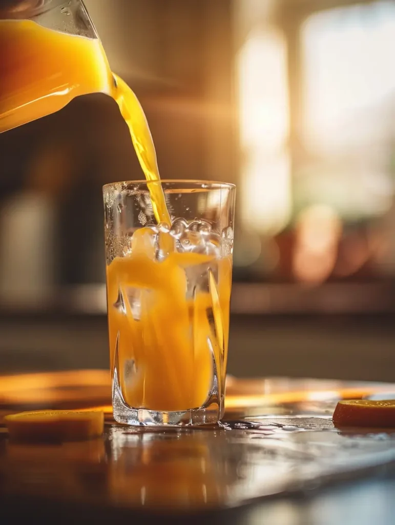 Pouring fresh orange juice into glass for citrus spritz mocktail