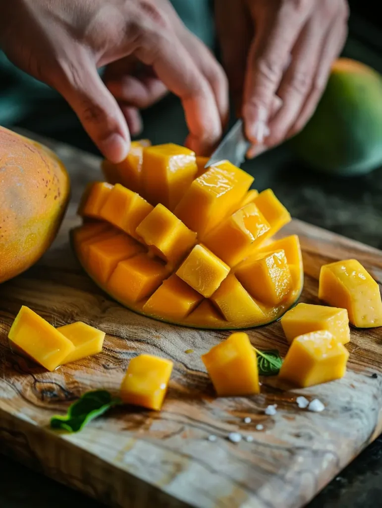 Cutting ripe mango for mango agua fresca preparation