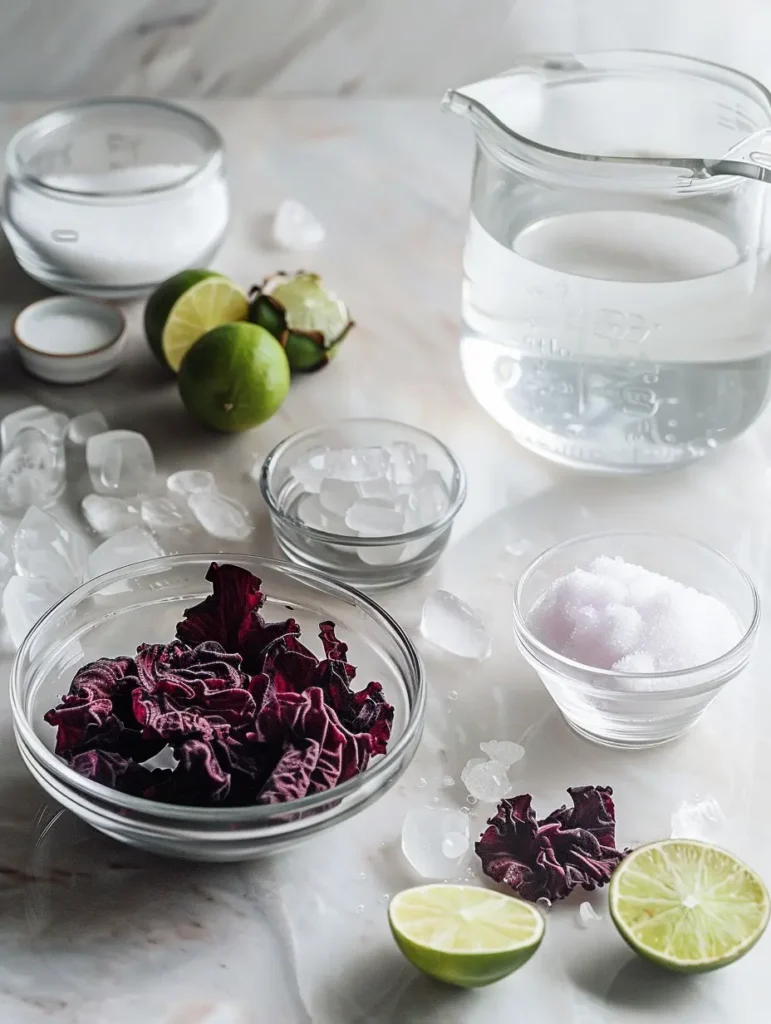 Ingredients for hibiscus agua fresca including dried hibiscus flowers and lime