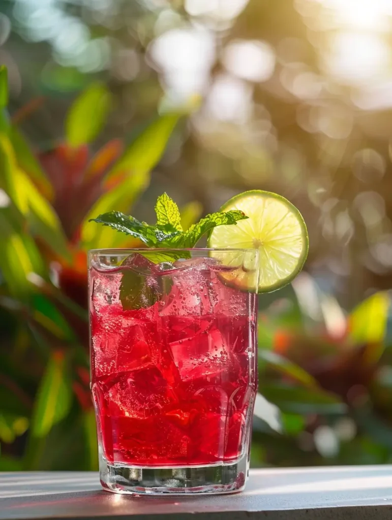 Glass of hibiscus agua fresca served over ice with lime garnish