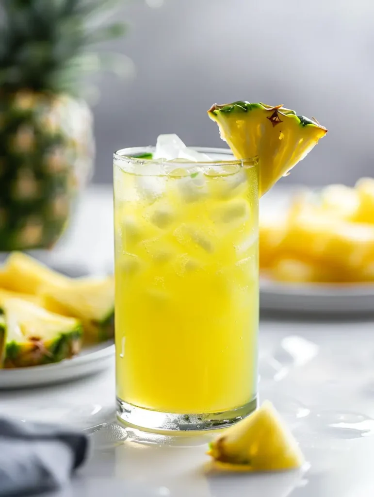Homemade pineapple agua fresca in glass with ice