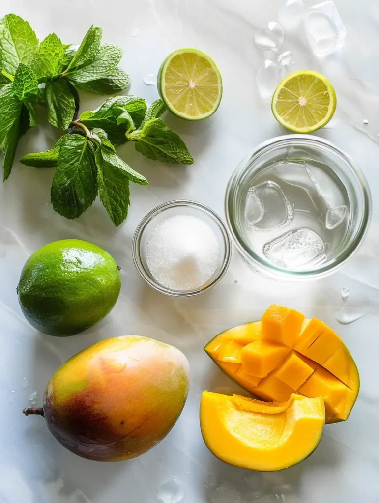 Ingredients for mango agua fresca including fresh mangoes and sugar