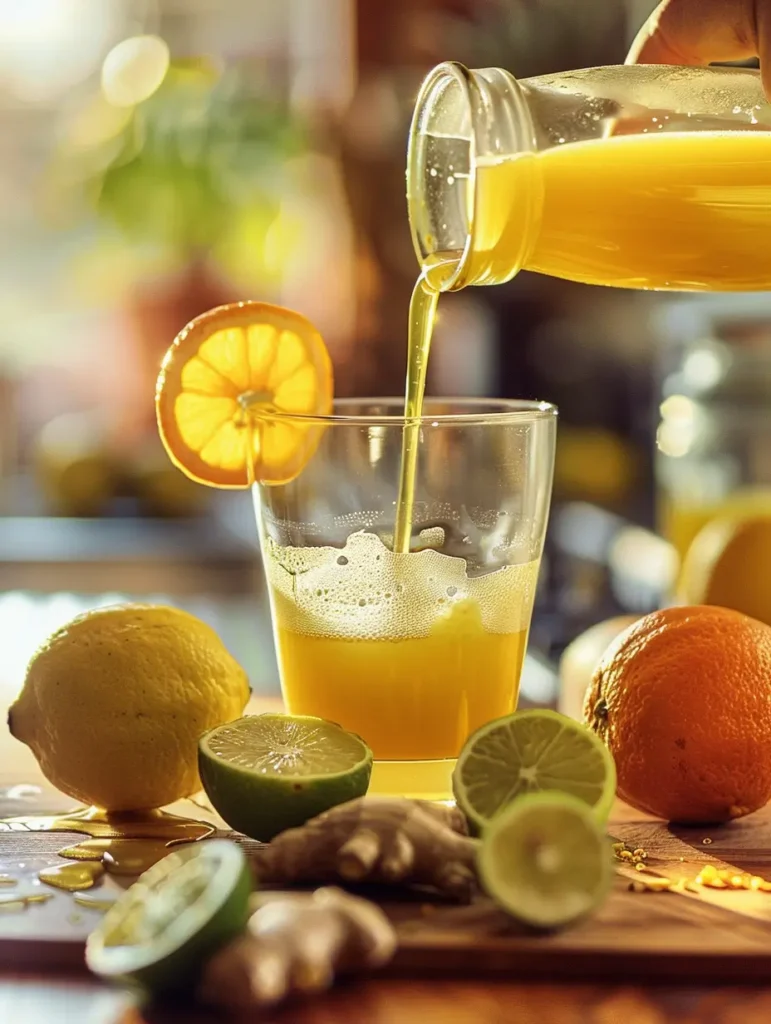mixing citrus juices for ginger citrus mocktail