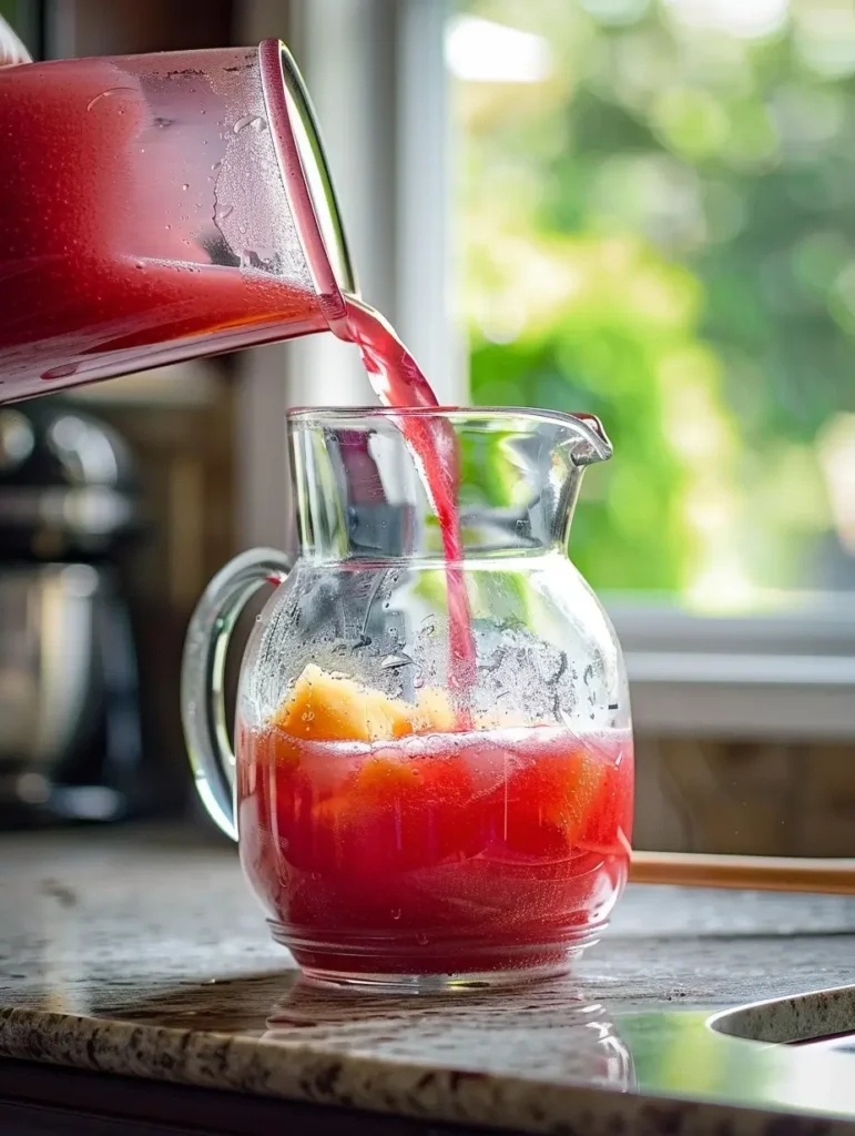 pouring fruit juices together to make party punch mocktail
