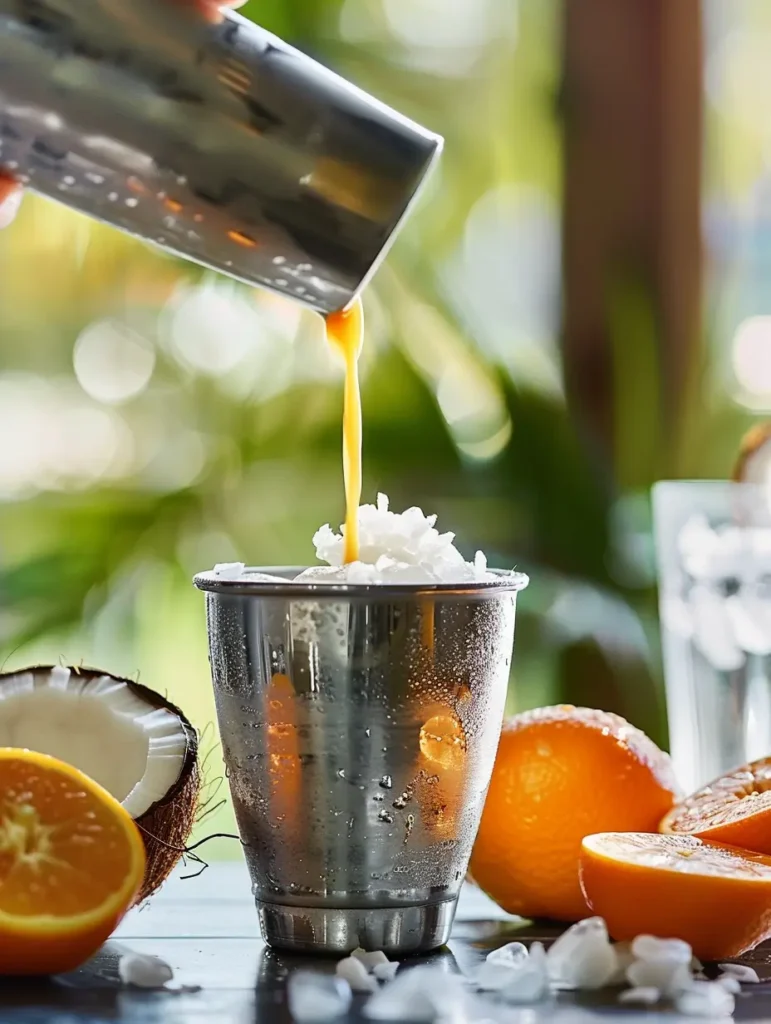 mixing orange juice coconut milk and vanilla for orange creamsicle mocktail