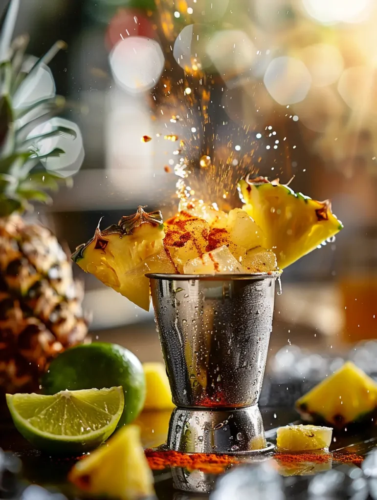 mixing pineapple juice agave and chili powder for spicy pineapple ginger mocktail