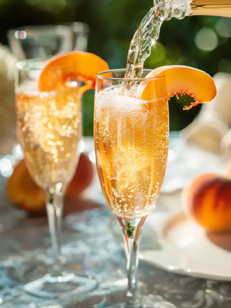 adding sparkling water to peach bellini mocktail