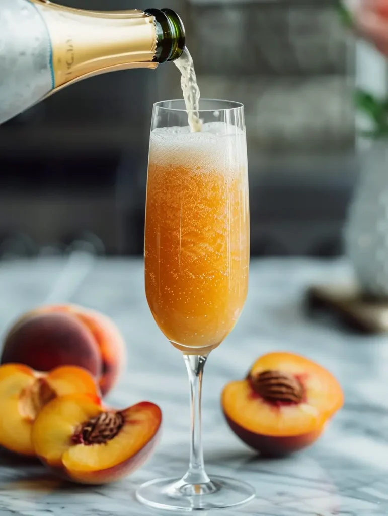 pouring peach puree into champagne flute for peach bellini mocktail
