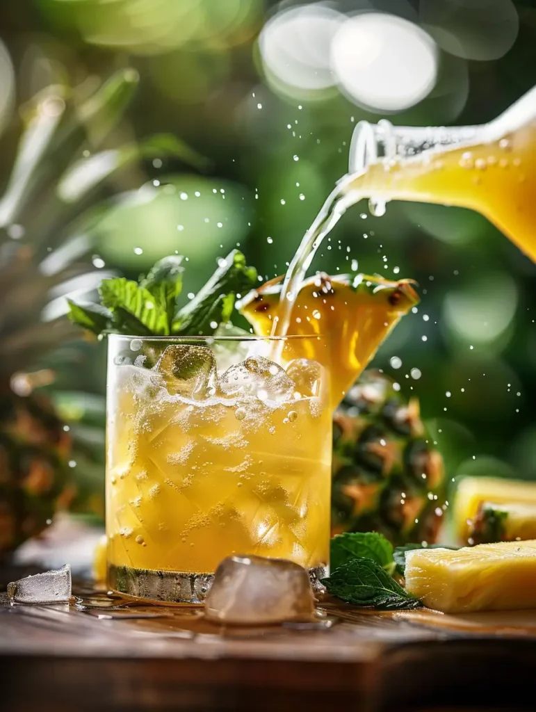 Pouring sparkling ginger mixer into pineapple ginger mocktail