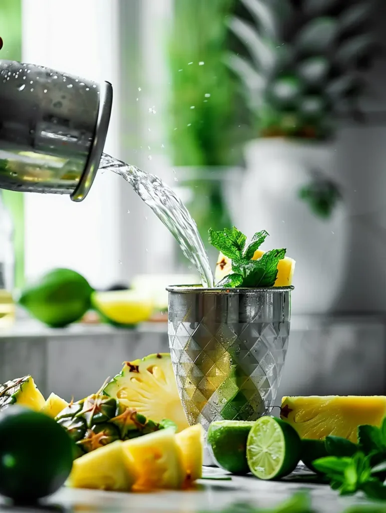 Adding pineapple juice to pineapple ginger mocktail mixture