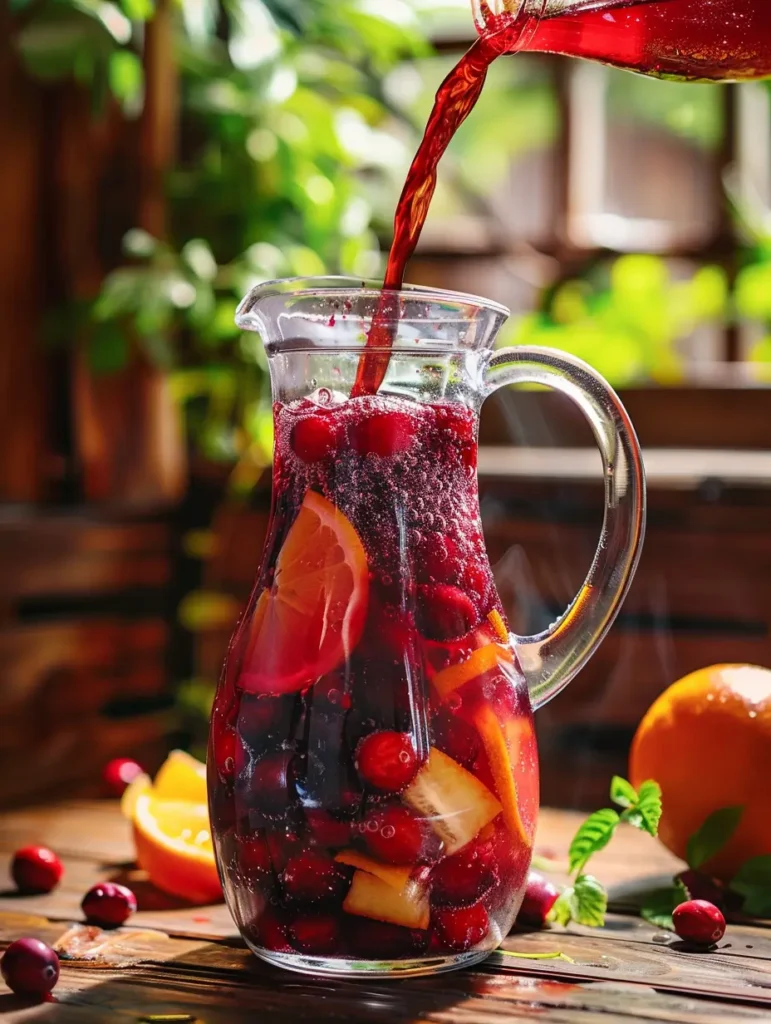 pouring grape and cranberry juice into non alcoholic sangria mocktail pitcher