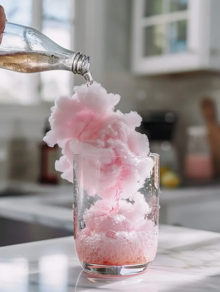 pouring soda over cotton candy to make cotton candy mocktail recipes